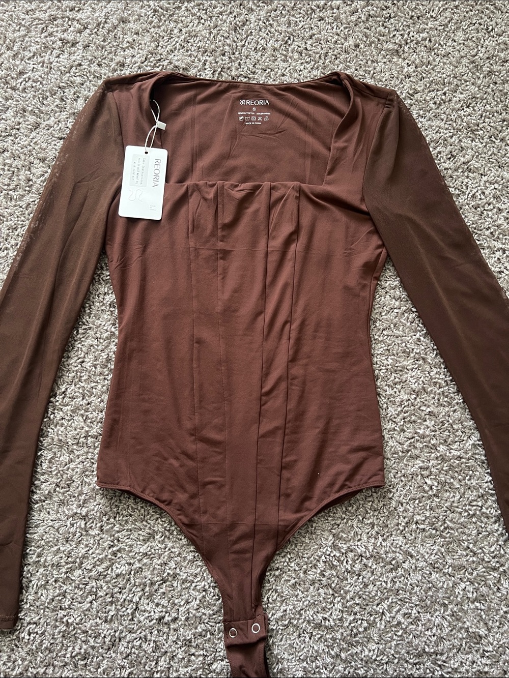 Reoria Brown Sheer Long-Sleeve Bodysuit